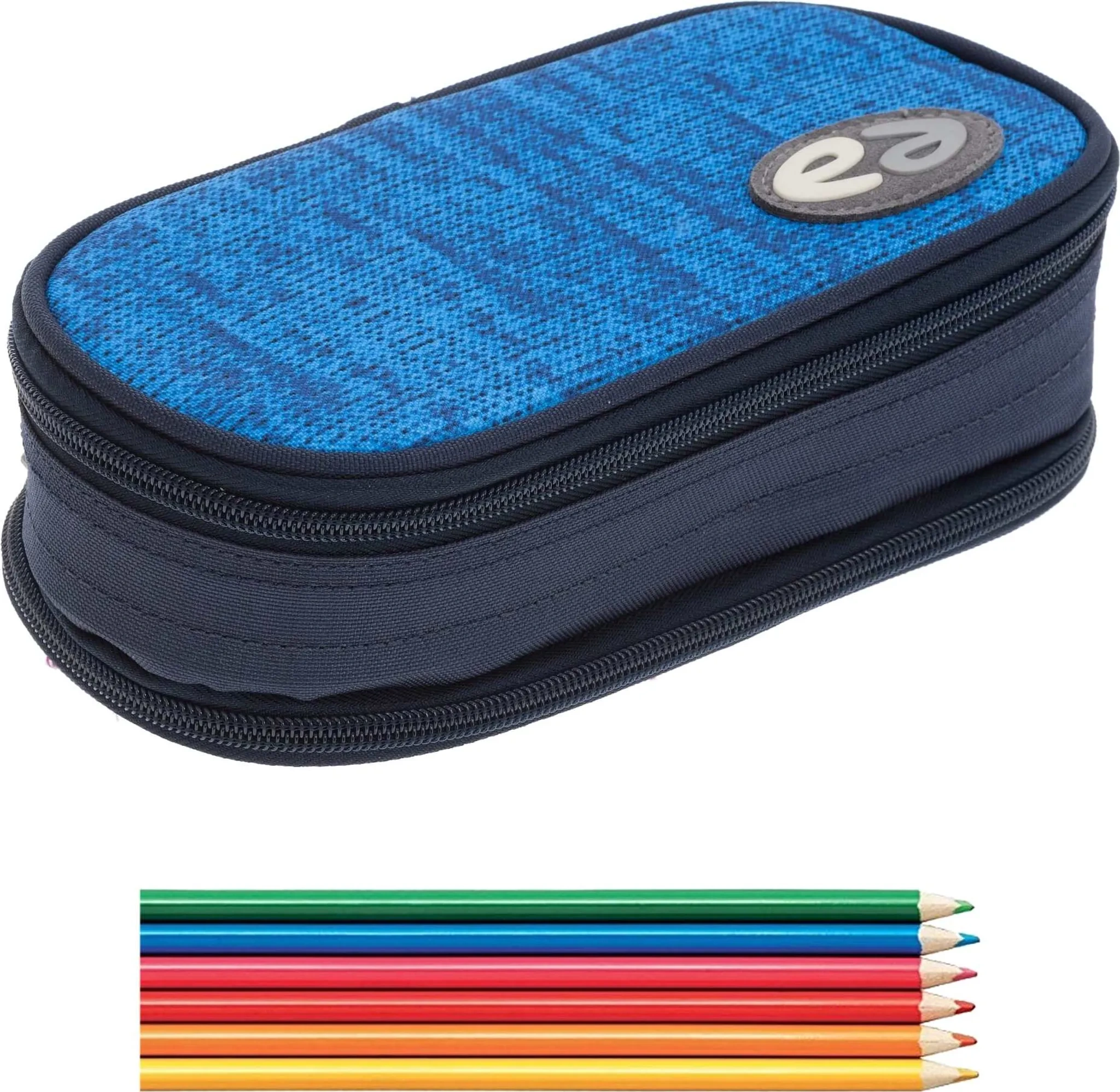 Schüleretui YZEA BOX – 2 Fächer, Blau „Knit“ + 6 Buntstifte