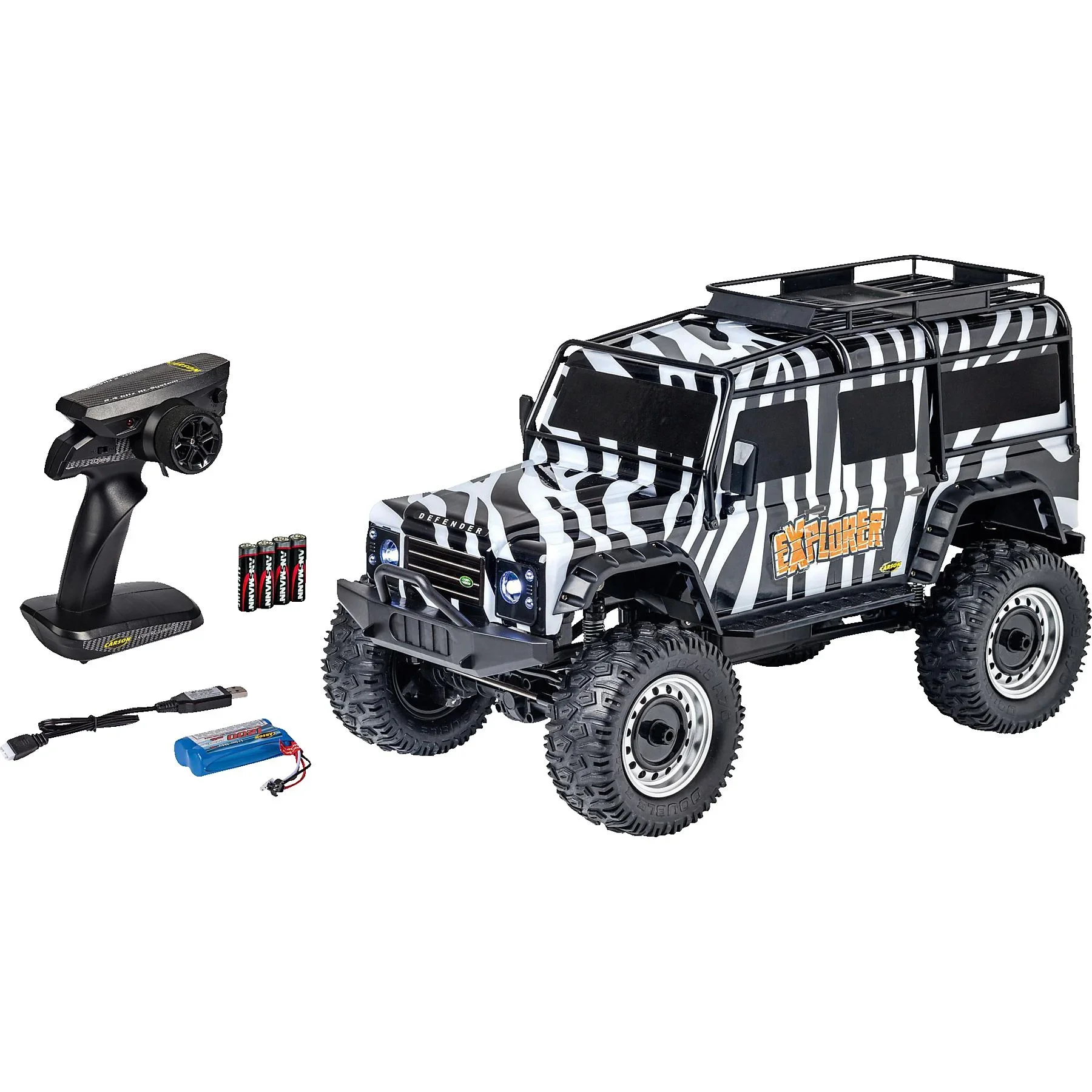 CARSON Land Rover Defender 1:8 Safari – RC-Geländewagen, Zebra-Lackierung